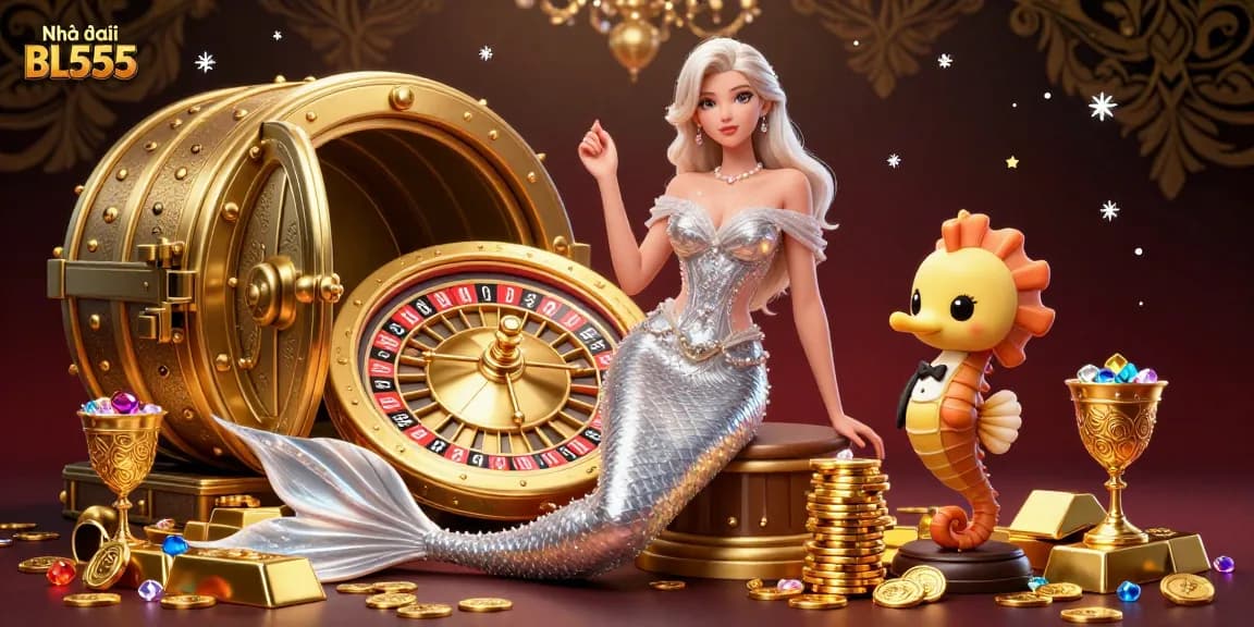 Experience thrilling wins at Nhà cái BL555 amidst a dazzling casino scene with a stunning roulette wheel and gems.