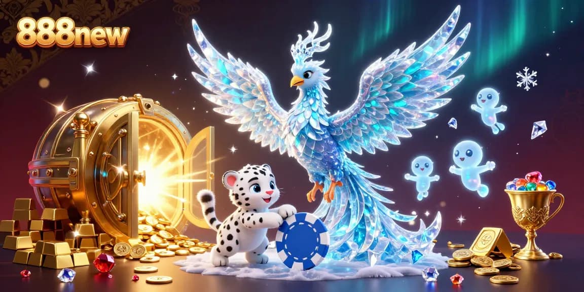 Engage in the thrilling world of 888new with a vibrant 3D casino illustration featuring an ice phoenix, poker chip, and sparkling treasures.