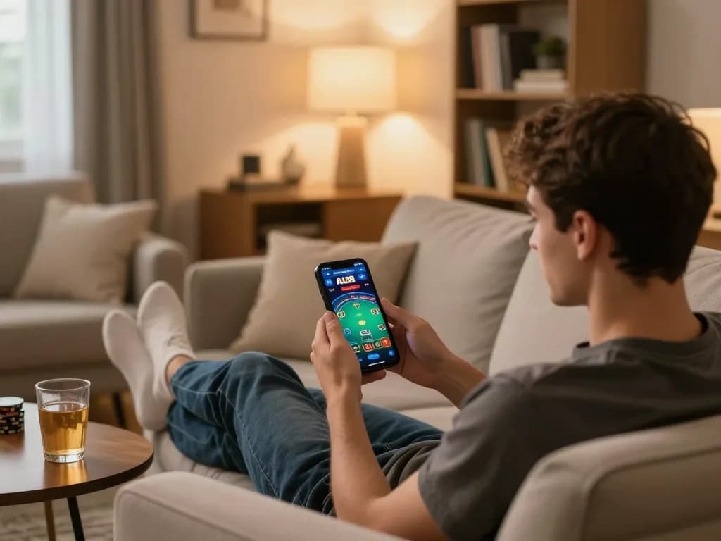 Player engaging with ALO8 mobile app for poker in a cozy home setting, showcasing an exciting online gaming experience.