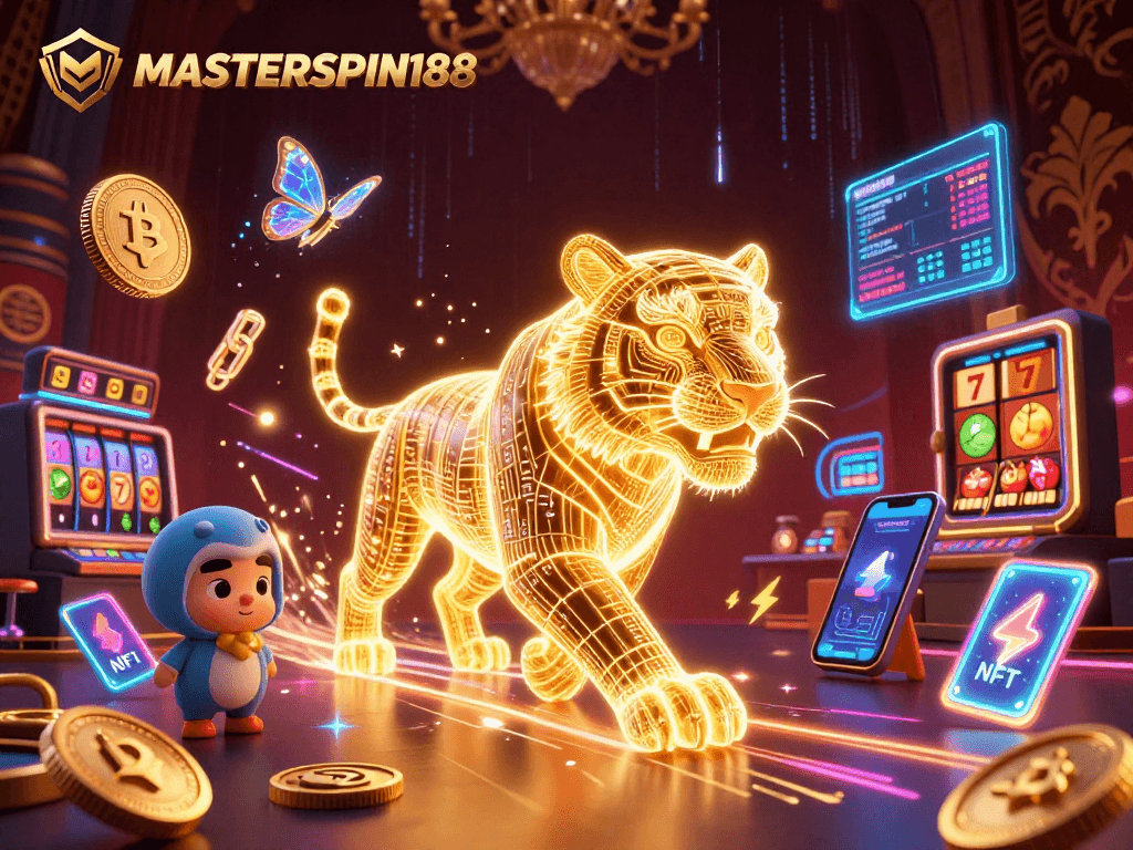 Experience the excitement of MASTERSPIN188 with captivating 3D casino illustrations filled with vibrant energy.