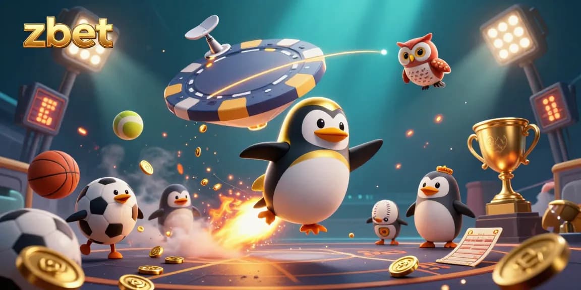 Zbet penguin blasts through space towards a casino chip station, surrounded by sports betting elements and trophies.