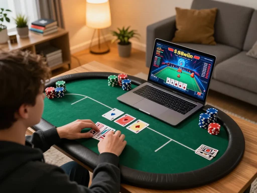 Engaging poker game on 58wiin, player actively strategizing with colorful chips on a cozy table