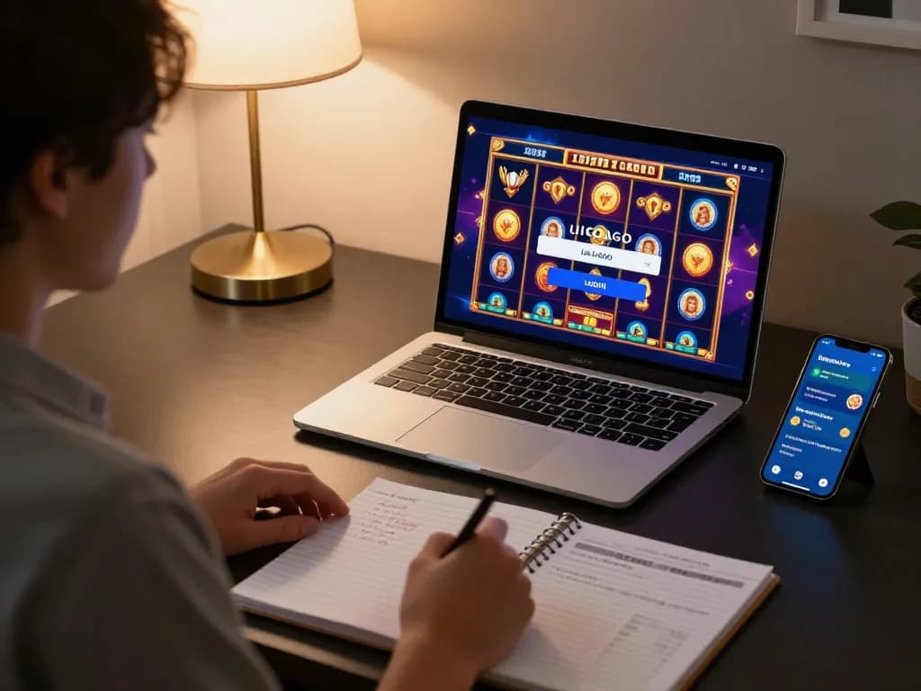 LIGALGO LOGIN for online slots displayed on a laptop amidst a player’s strategic notes and cozy gaming setup.