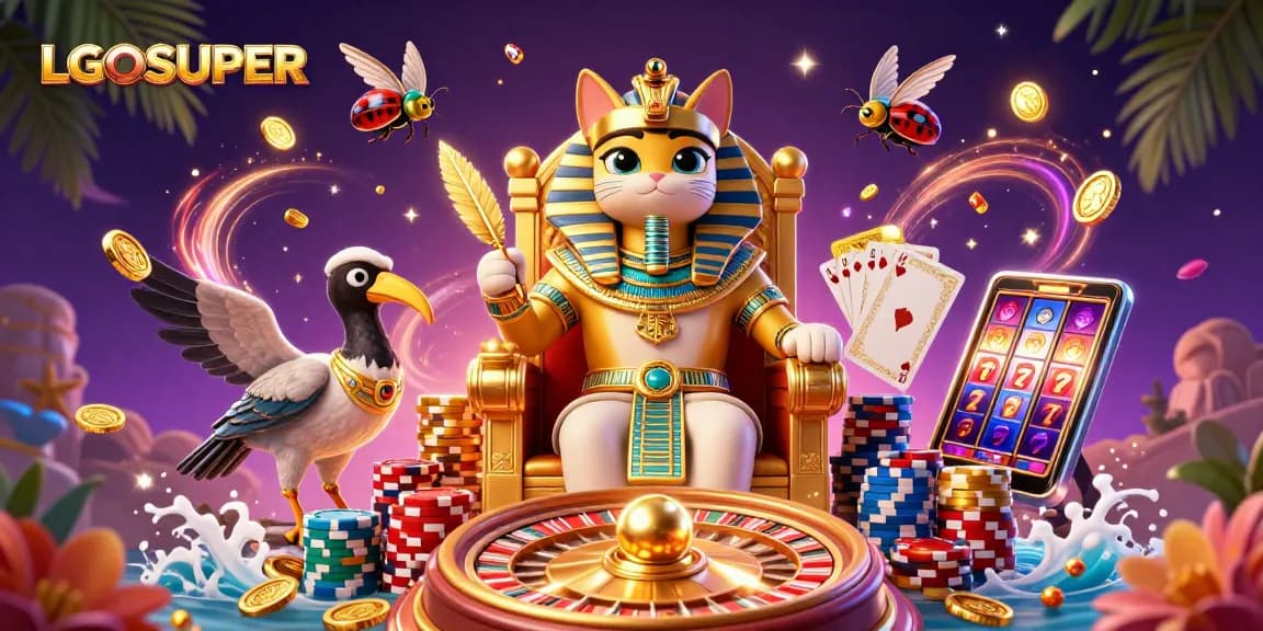 Engage with LGOSUPER's vibrant slots and jackpot action featuring a royal pharaoh cat and ancient symbols.