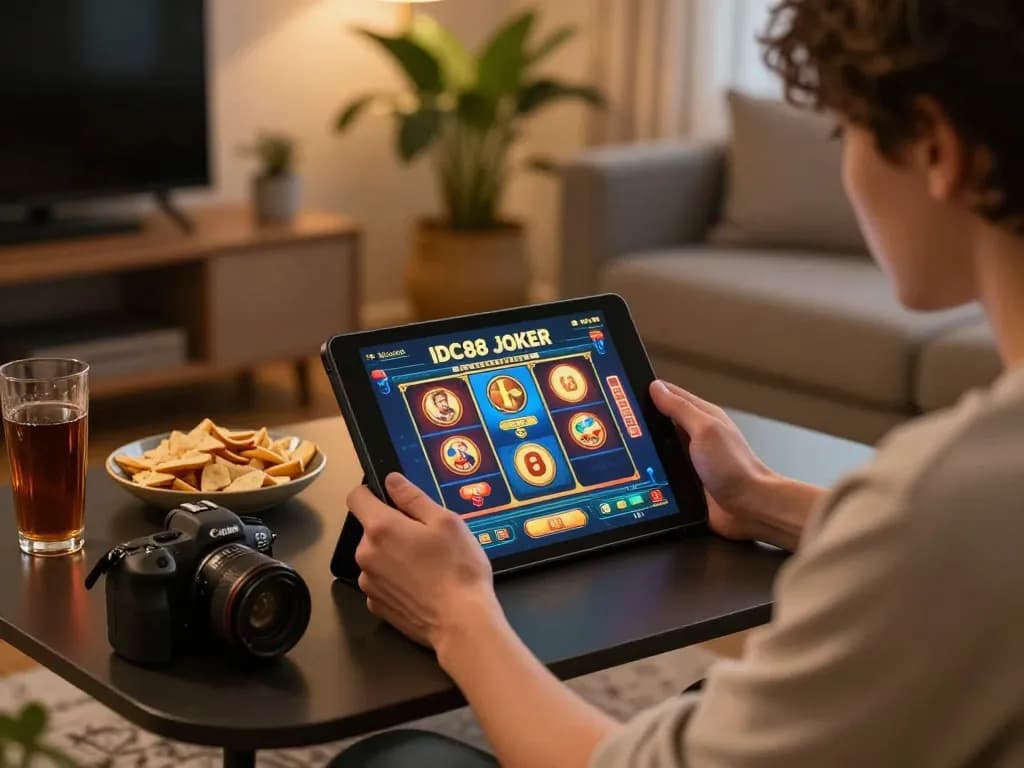 Player navigating IDC88 JOKER online slot games in a cozy setting, showcasing strategic gameplay.