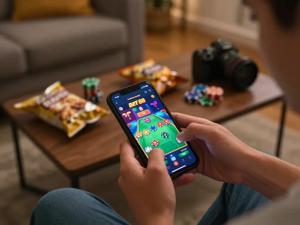 Player engaged in online gameplay using the Bet 88 app on smartphone, showcasing excitement and strategic betting.