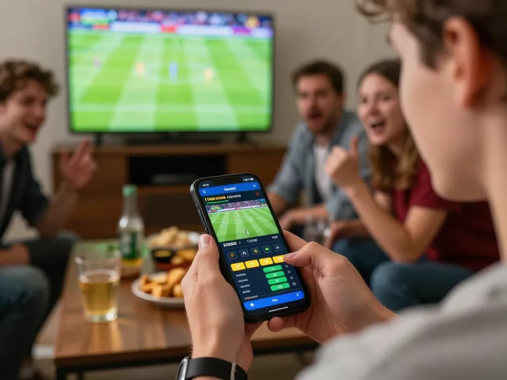 Engaged person using UG DEWA sports betting app while friends cheer on a live game.