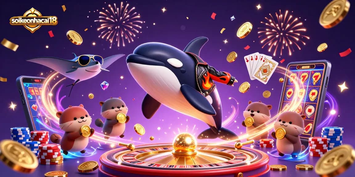 Engage with soikeonhacai18's vibrant casino scene featuring animated orca, stingray, and otters surrounded by coins and gaming elements.