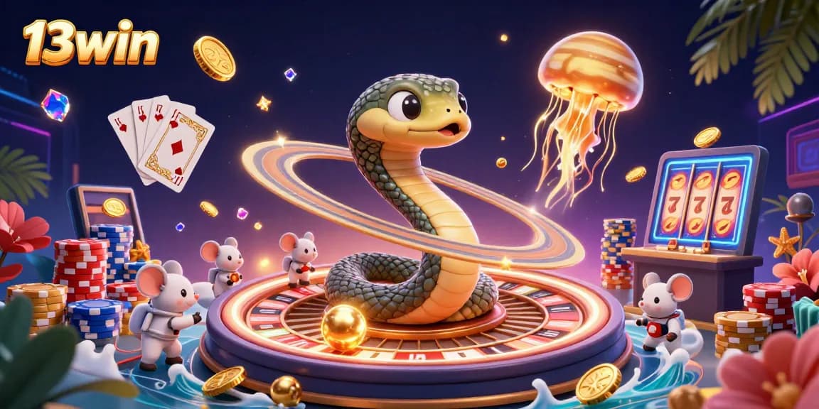 Experience thrilling wagers at 13win with a vibrant casino-themed cosmic scene featuring animated characters and sparkling elements.