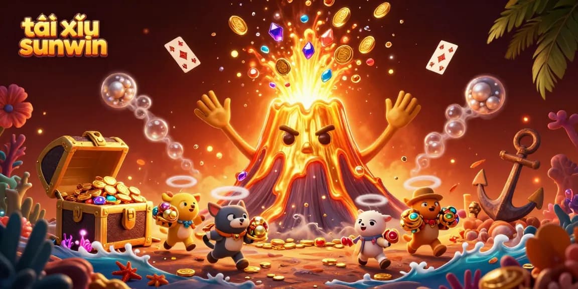 Engage in tài xỉu sunwin with treasures erupting from a golden volcano in a vibrant casino scene.