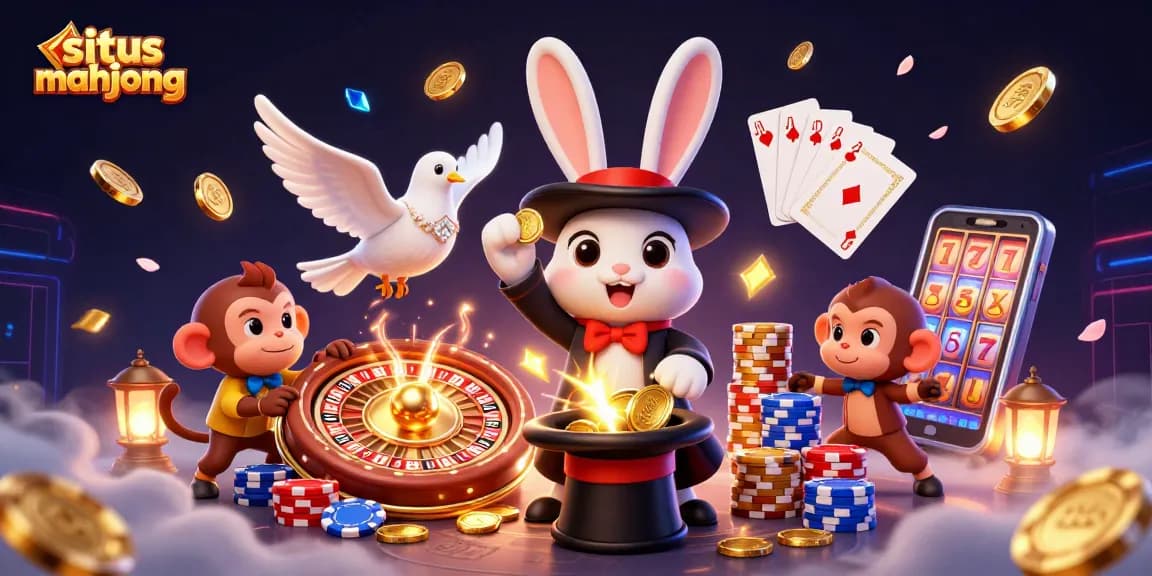 Engage in situs mahjong excitement with a magician rabbit, dove, and monkey in a dazzling casino scene.