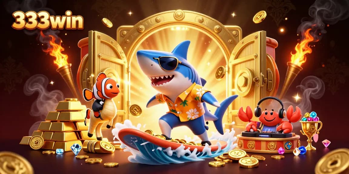 Engage with 333win as the shark rides coins and treasures, showcasing thriving gambling opportunities.