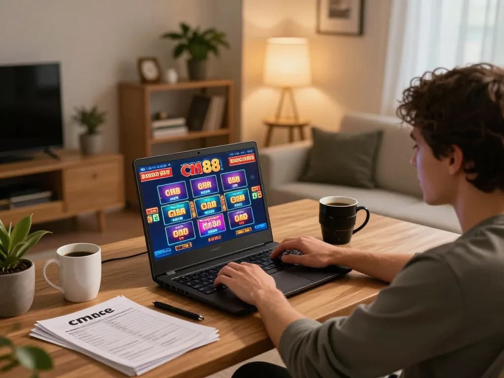 A player enjoying cm88 slots on their laptop at home, highlighting a cozy gaming setup.