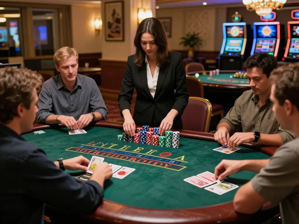 Take2 players focusing on strategy while betting at an exciting blackjack table in an upscale casino setting.