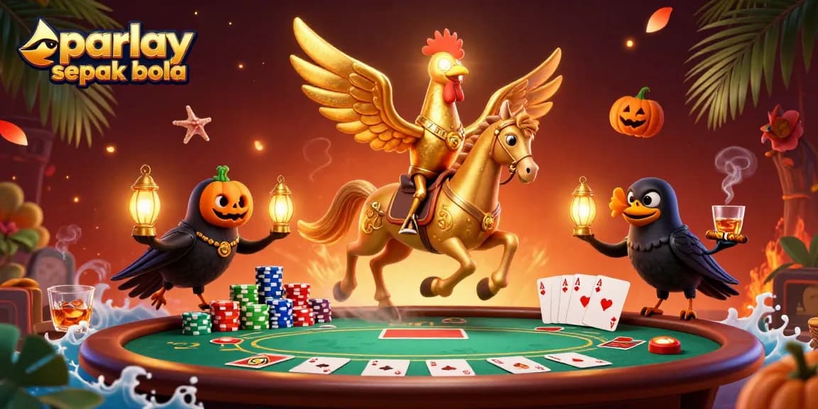 Experience the excitement of parlay sepak bola in a vibrant, colorful casino scene with animated characters.