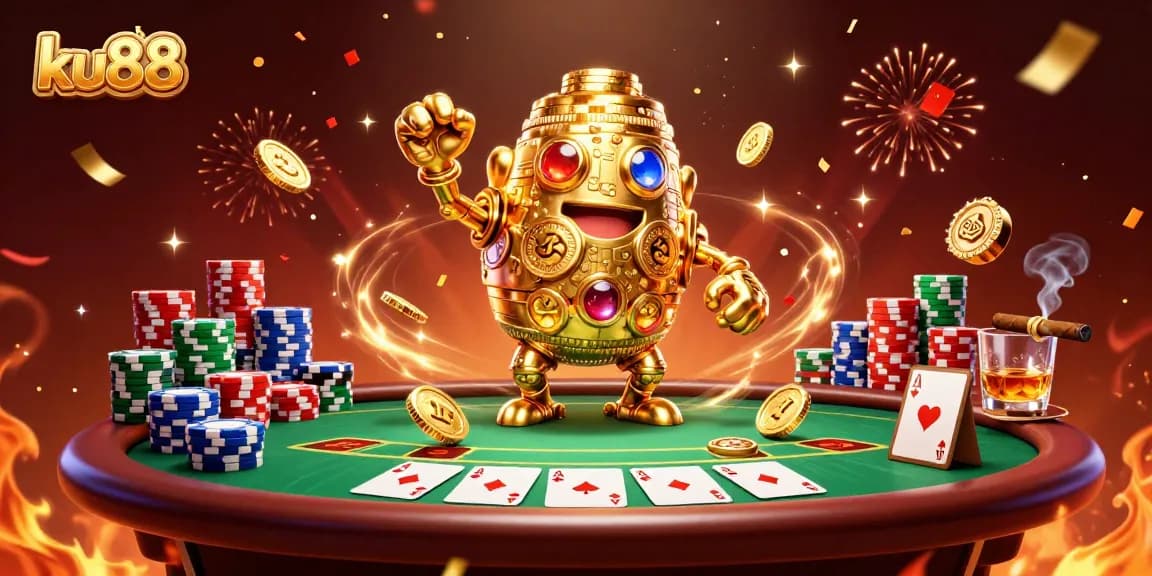 Engage with an exciting ku88 casino experience among vibrant poker elements and a golden golem.