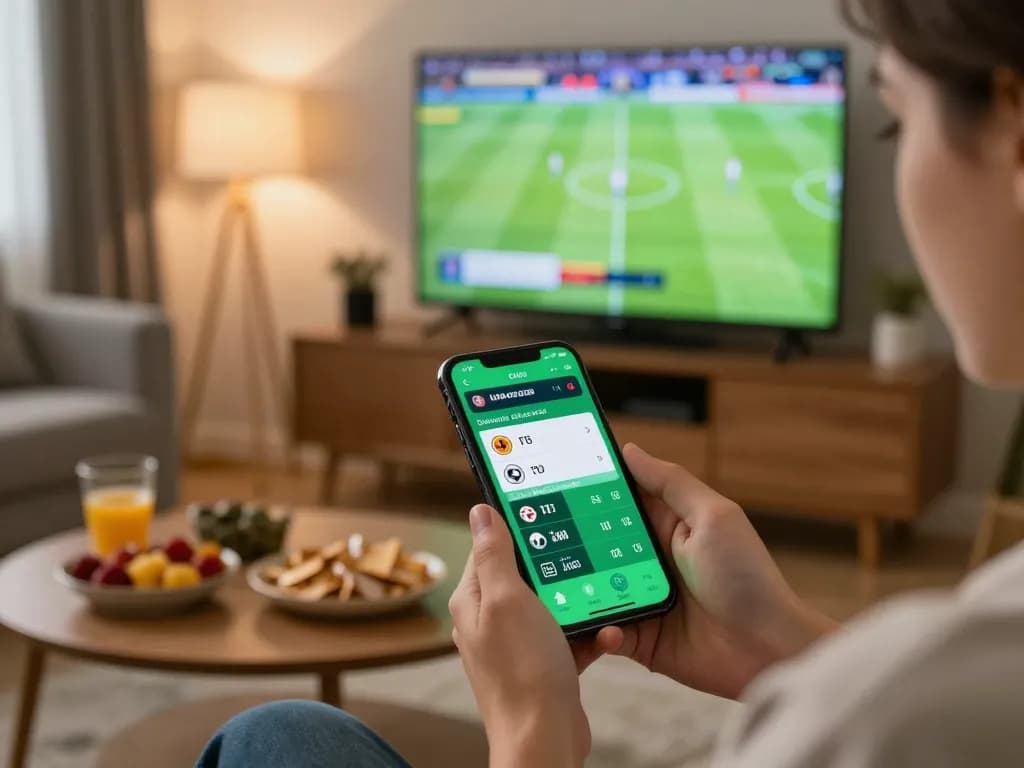 Engaging in live betting on tylekeonhacai88 app during a sports match at home.