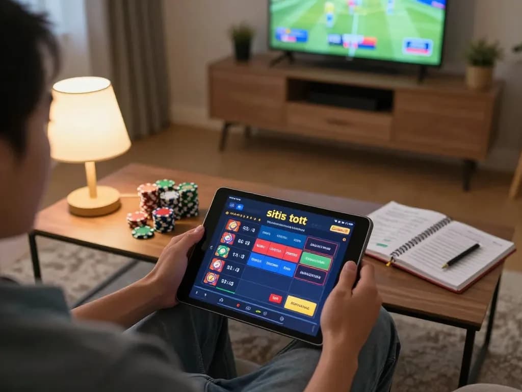 Engaging in situs toto gaming on a tablet in a cozy living room, showcasing user-friendly interface and strategic planning.