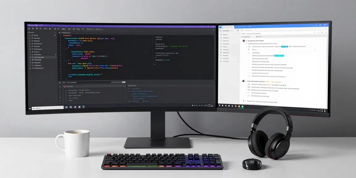 Trang chủ Thabet - Innovative software development in a modern workspace with coding and technology elements