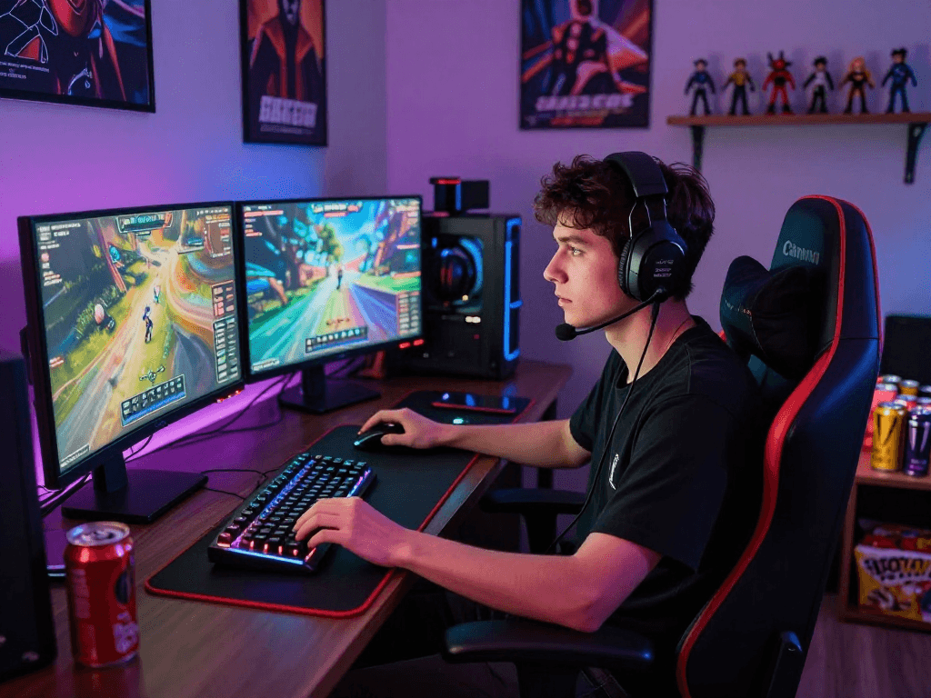 Player engaging with http://oxbet-app.com in a vibrant gaming setup with dual monitors and RGB peripherals.