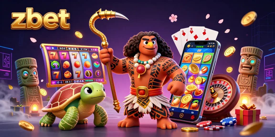 Engage with zbet's vibrant 3D casino scene featuring a Polynesian demigod and immersive game elements.