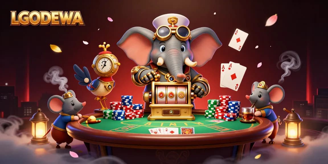 Engage with the LGODEWA slot machine adventure featuring a steampunk elephant engineer and vibrant casino elements.