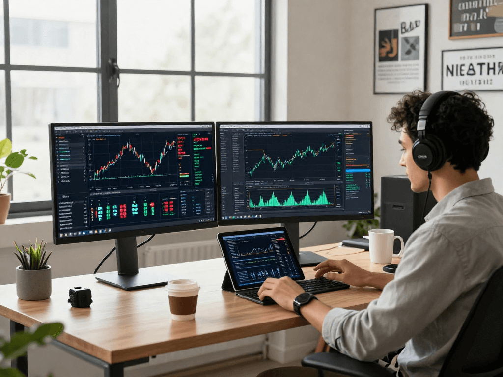 Escena de trabajo moderno con un desarrollador usando Immediate Edge en un entorno de trading financiero.