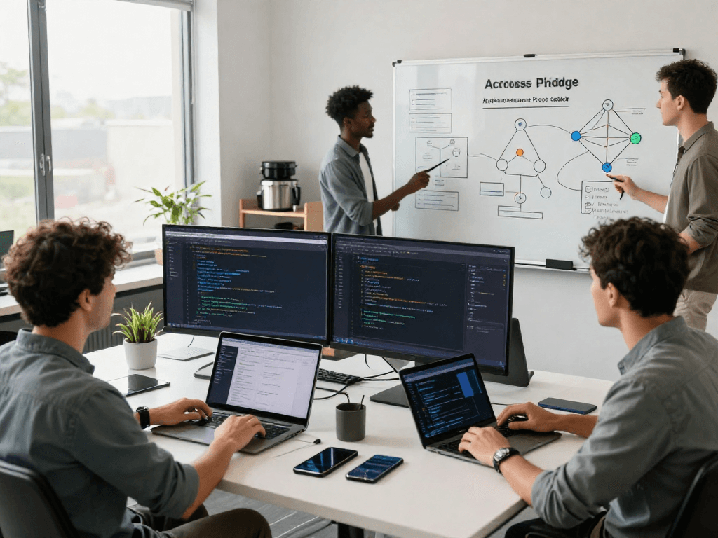 Developers collaborating in a modern tech workspace using acrossprotocol for cross-chain asset transfers with dynamic blockchain analytics.