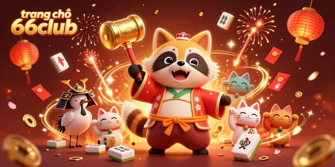 Experience the excitement of trang chủ 66club with colorful characters and vibrant casino-themed elements in this dynamic celebration illustration.