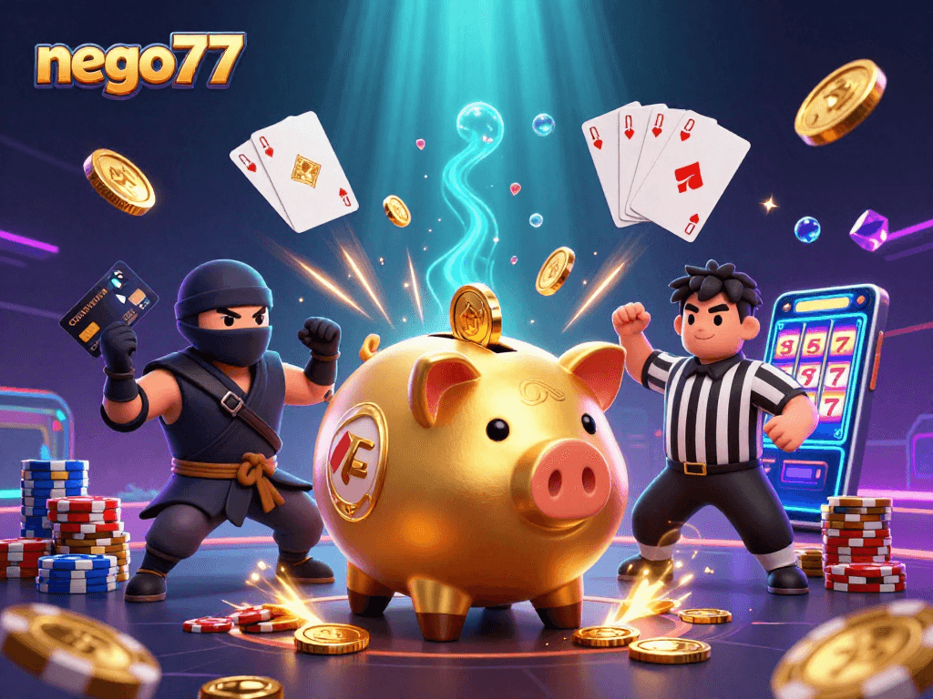 Engage with the vibrant energy of nego77, featuring a golden piggy bank wrestler amidst the thrill of casino gameplay.