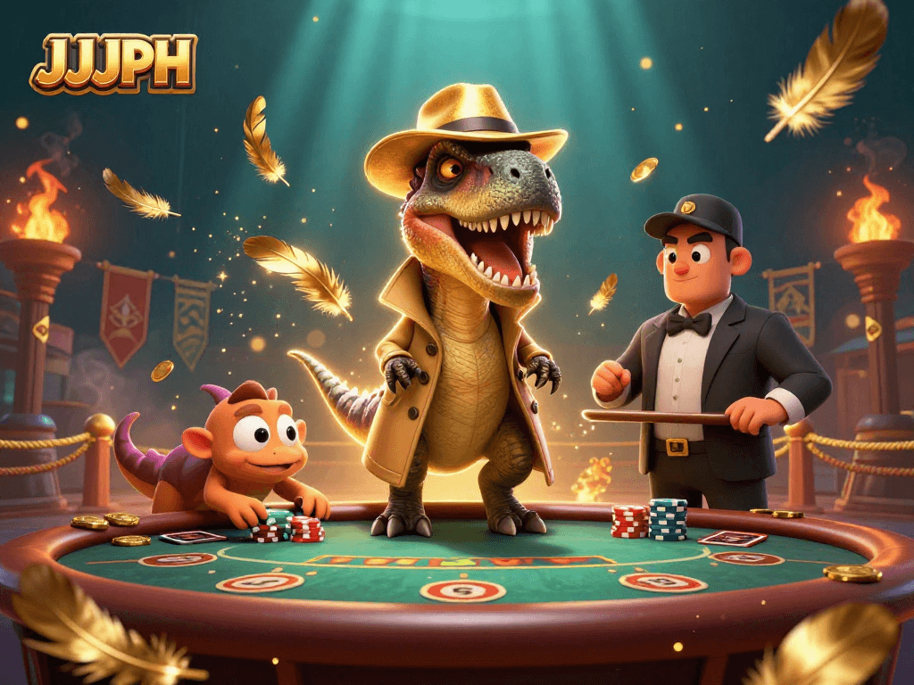 See JJJPH in action at a lively poker table scene with a velociraptor card counter amidst swirling golden sparkles.