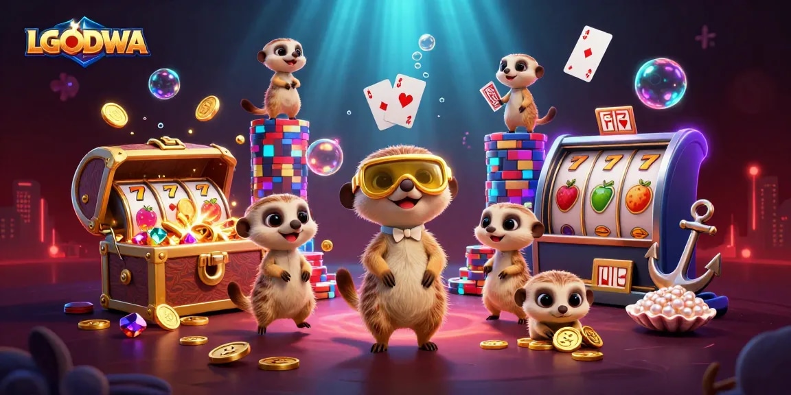 Engage with LGODEWA's vibrant casino scene featuring meerkats running a jackpot operation.