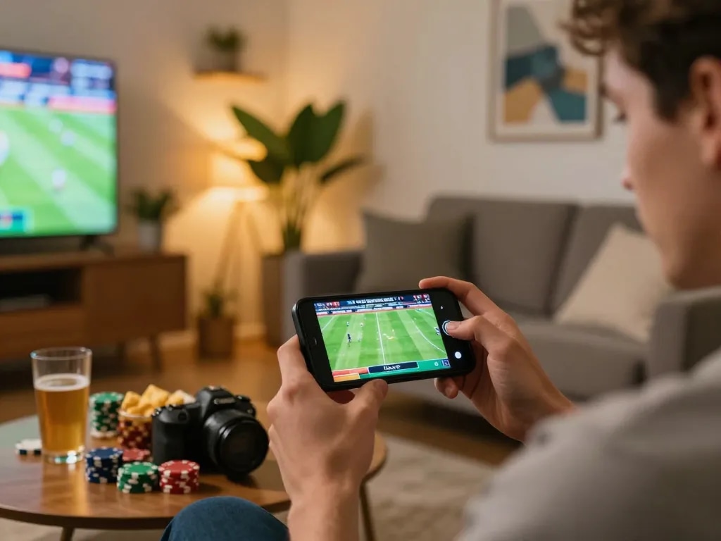 Player using f8betz app on a smartphone for sports betting in a cozy home environment
