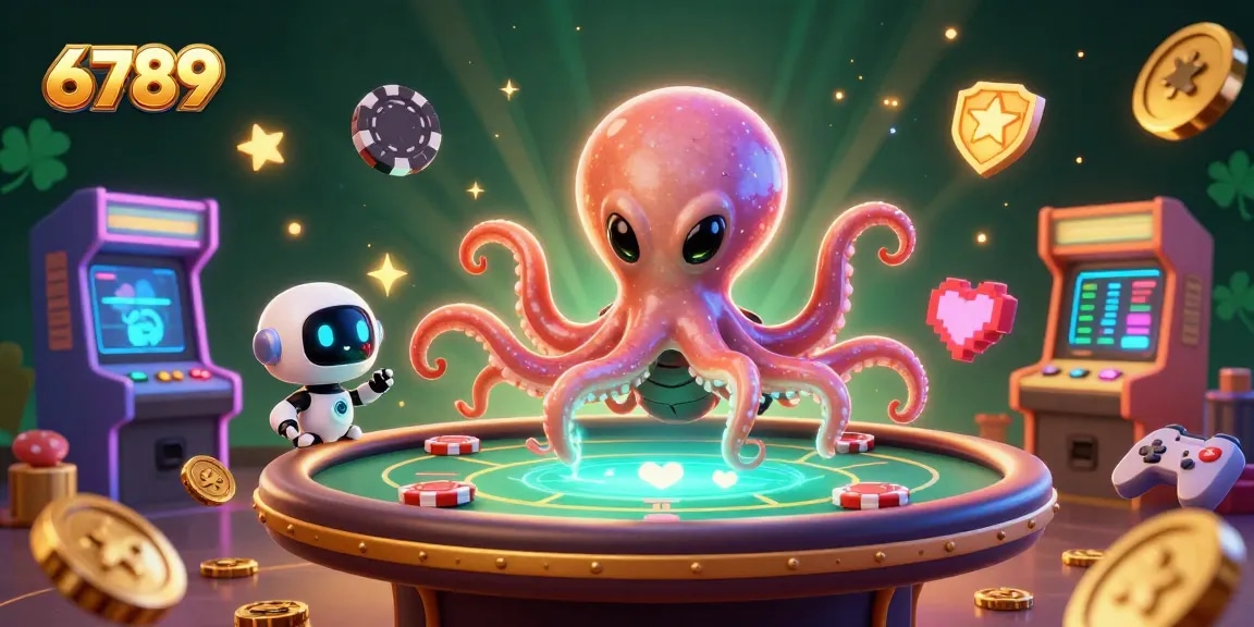Engage with the thrilling 6789 casino scene featuring an alien octopus at a holographic poker table amidst rich gaming elements.