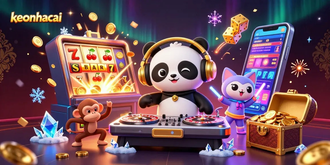 Spin and win with keonhacai as playful characters celebrate a casino jackpot explosion.