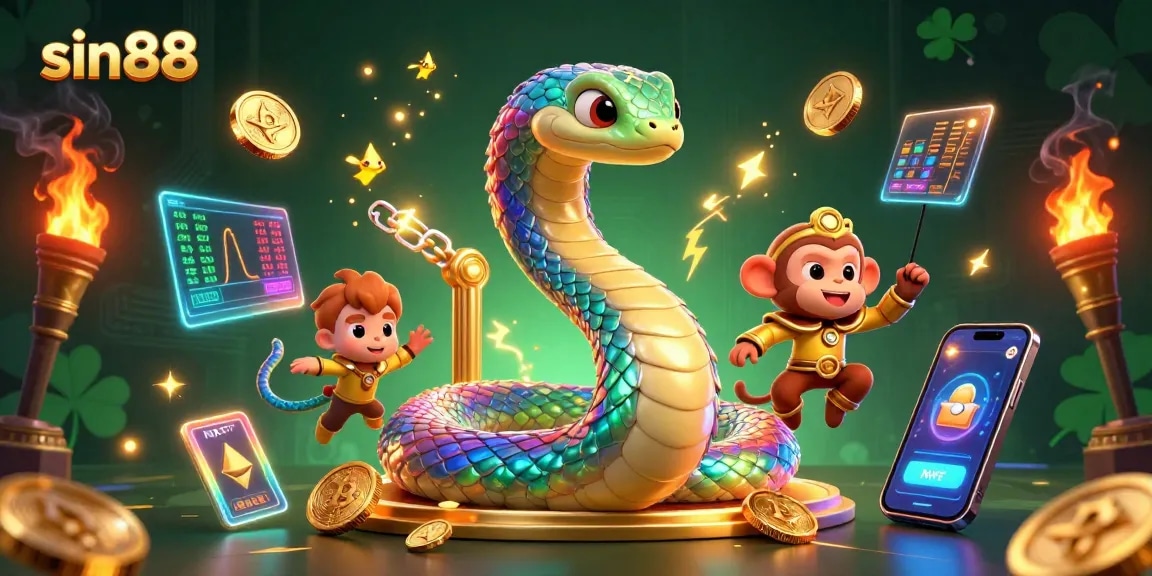 Experience sin88 in a vibrant 3D scene with a rainbow serpent, golden monkey king, and crypto elements.