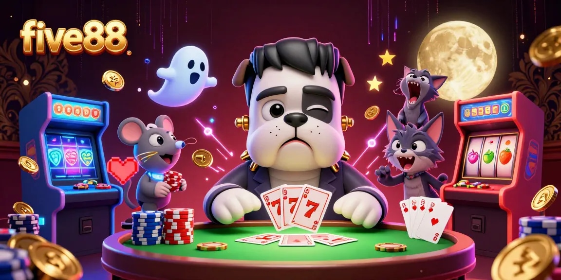 five88 casino scene featuring a monster bulldog dealing cards at a spooky table amidst vibrant gaming elements.