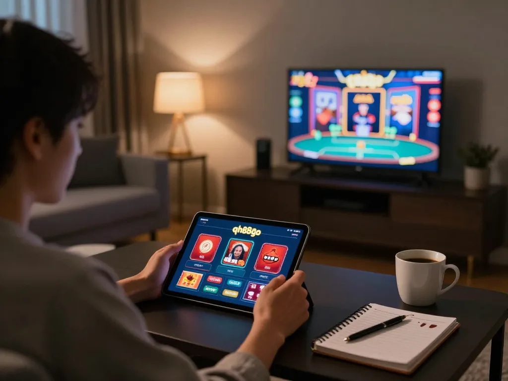 Player engaging with the qh88go casino app in a cozy home gaming setup.