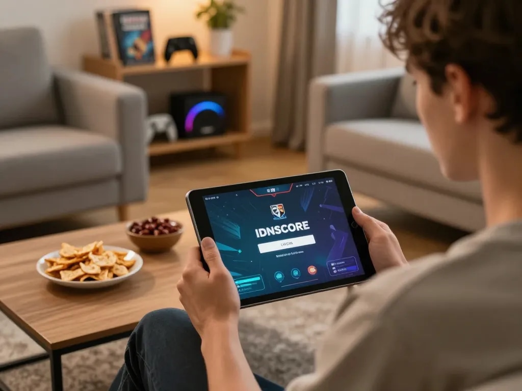 IDNSCORE LOGIN example showing a user engaged in online gaming strategy in a cozy setting.