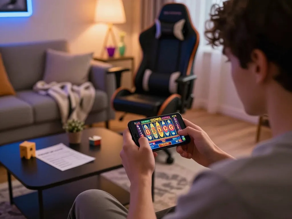 Engaging player using UG DEWA app on smartphone at home, colorful slot reels visible.