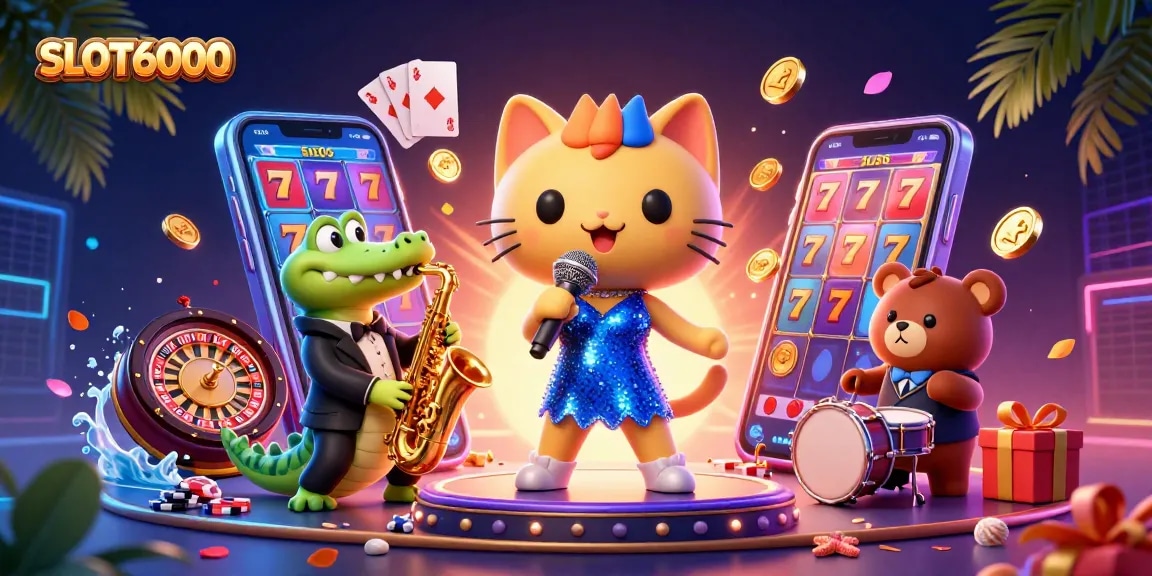 SLOT6000 offers an engaging scene with a cat singer, crocodile saxophonist, and bear drummer, celebrating gaming excitement.