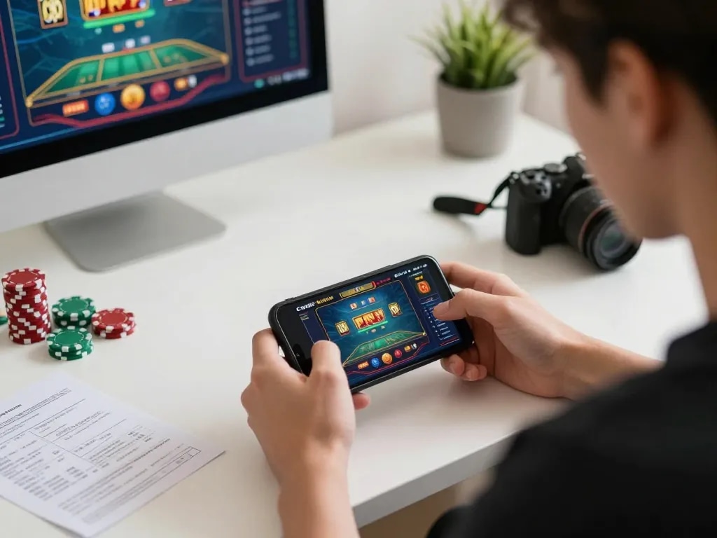 Engaged player experiencing IDCASH 88 mobile gaming with digital casino interface and strategy notes.