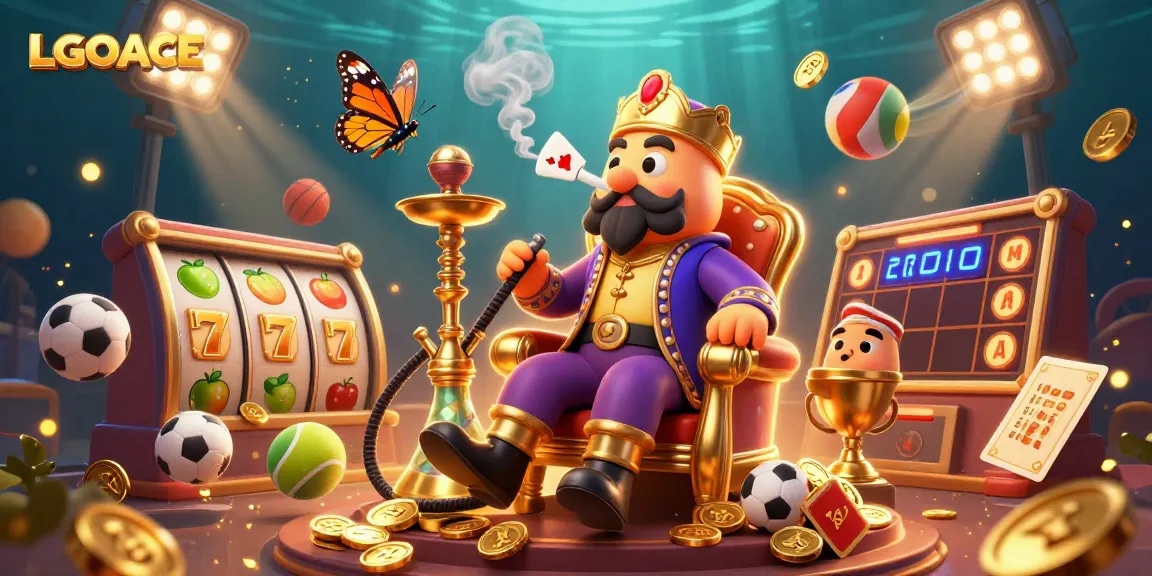 Winning with LGOACE slot reels, showcasing vibrant poker symbols and exciting game elements in a fantasy scene.