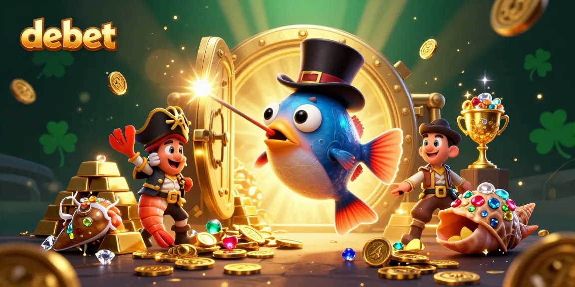 Engage in debet casino excitement with cartoon characters and treasures in an underwater scene.