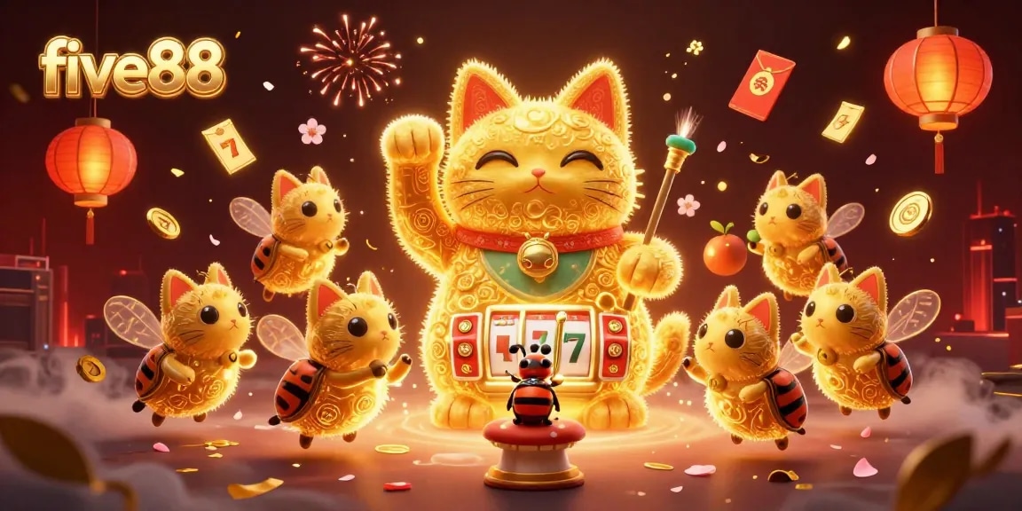Engage with five88's vibrant casino world featuring a lucky cat and dynamic symbols.