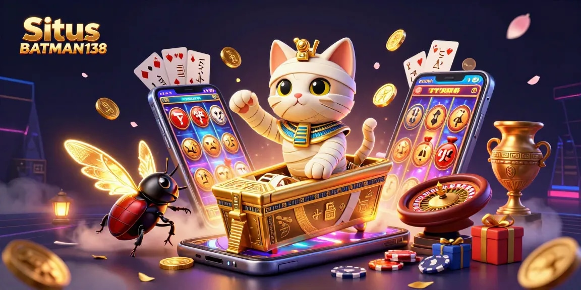 Situs BATMAN138 showcases a vibrant 3D scene with a mummy cat and dynamic casino elements, highlighting thrilling gameplay.