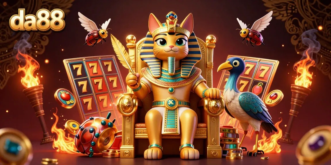 Spin winning slots at da88 featuring an Egyptian pharaoh cat, golden reels, and dynamic casino elements.