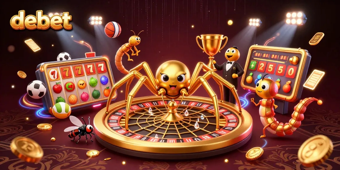 Place bets at debet while a golden spider spins a roulette wheel web in a vibrant casino.