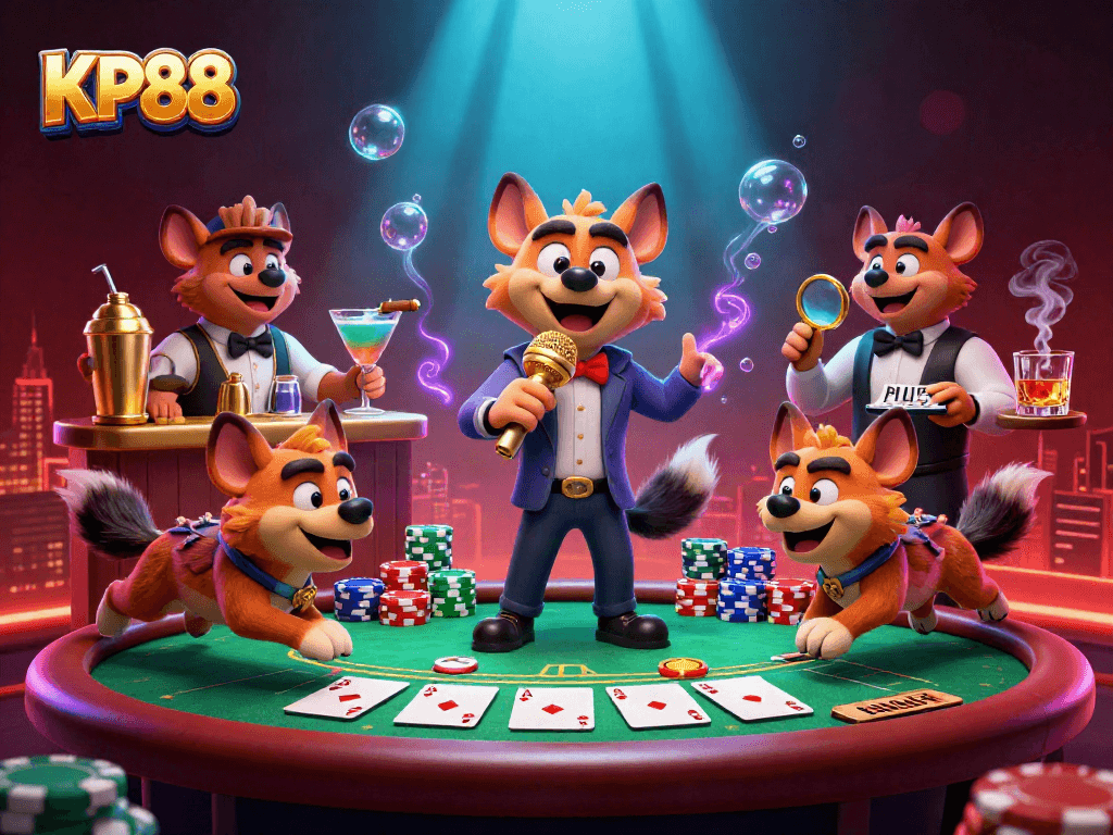 Engage with KP88's thrilling casino nightlife as hyenas showcase comedy and drinks in an enchanting scene.