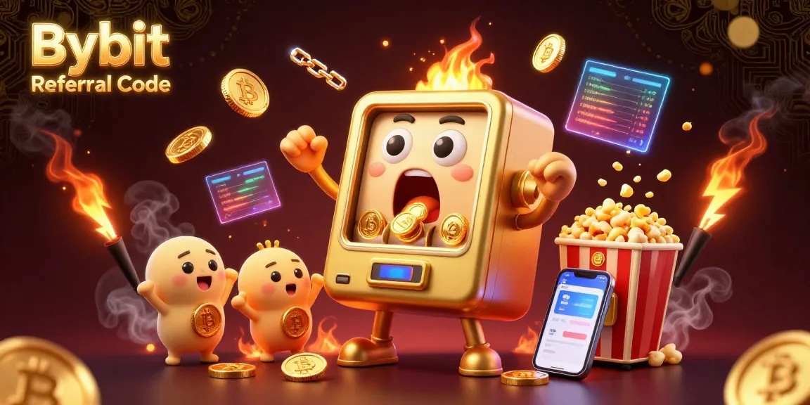 Spin wins with Bybit Referral Code, showcasing a jackpot slot machine overflowing with coins.